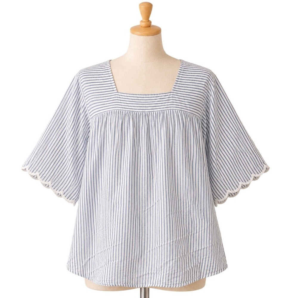 The Vermont Country Store XL Blue Stripe Cotton Scallop Sleeve Cottage Babydoll